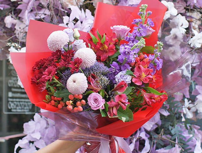 Bouquet of chrysanthemums, eustoma and alstroemeria "Bright Symphony" photo