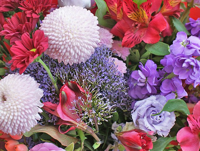 Bouquet of chrysanthemums, eustoma and alstroemeria "Bright Symphony" photo