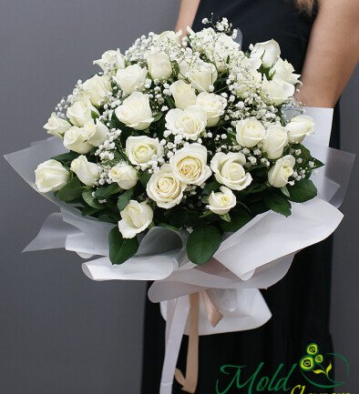 Bouquet of white roses and gypsophila "Beauty Inspiration" photo 394x433