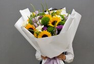 Buchet din floarea-soarelui si dianthus „Lectia insorita” — foto 2