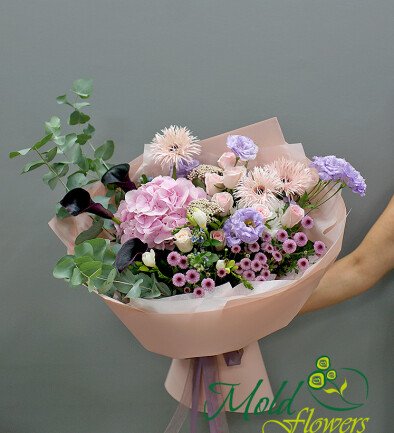 Bouquet of pink hydrangea, gerberas and calla lilies “Dance of Tenderness” photo 394x433