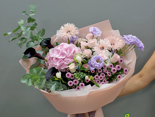 Bouquet of pink hydrangea, gerberas and calla lilies “Dance of Tenderness” photo