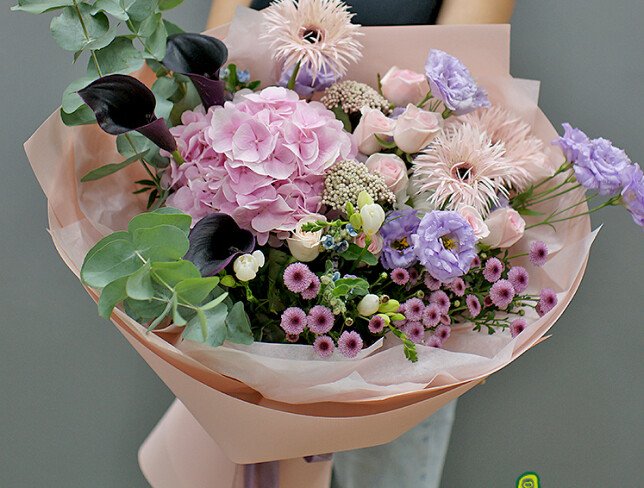 Bouquet of pink hydrangea, gerberas and calla lilies “Dance of Tenderness” photo