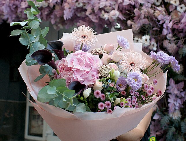 Bouquet of pink hydrangea, gerberas and calla lilies “Dance of Tenderness” photo