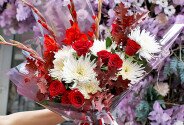 Bouquet with roses, chrysanthemums and maple leaves “Autumn Enigma” — photo 5