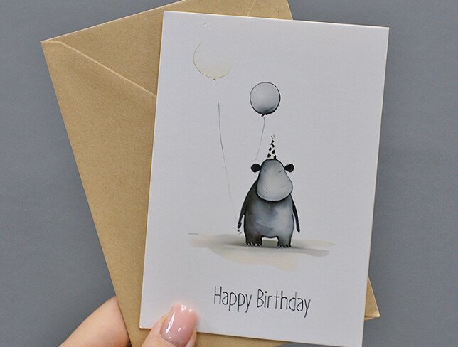 Открытка HANDMADE "Happy birthday" с бегемотом Фото