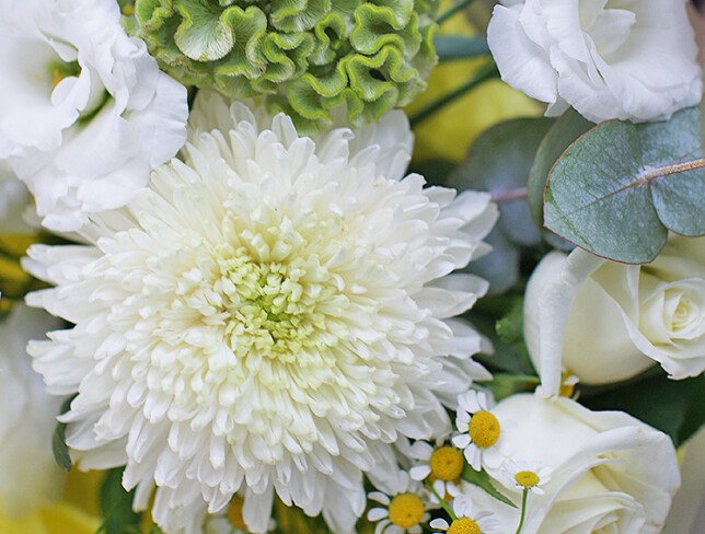 Buchet din crizantema, romanita si eustoma „Gingasie pura” foto