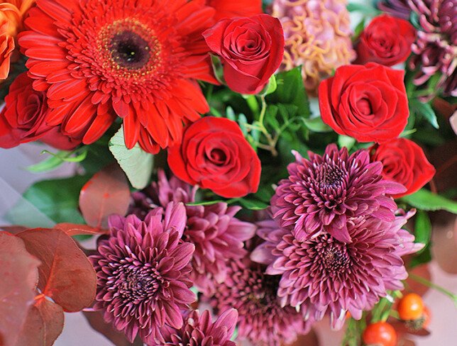 Bouquet of chrysanthemums, red roses, and gerberas photo