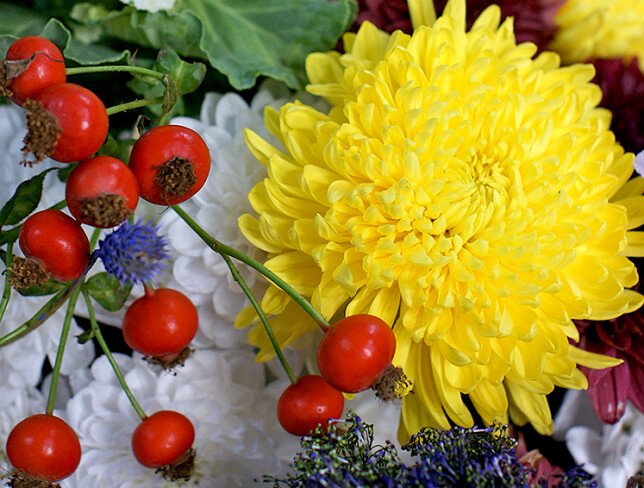 Bouquet of multicolored chrysanthemums and eustoma "Autumn Accent" — photo 2