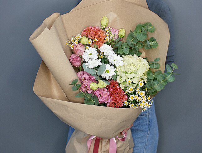 Bouquet of brassica, celosia and eustoma "Amazing Combination" photo
