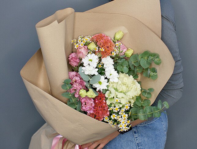 Bouquet of brassica, celosia and eustoma "Amazing Combination" photo