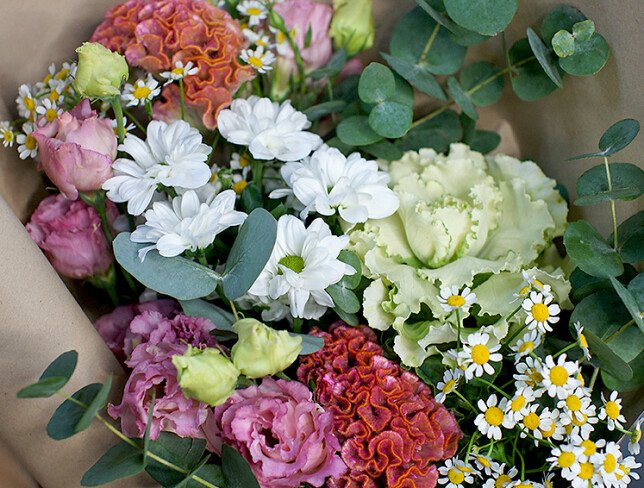 Bouquet of brassica, celosia and eustoma "Amazing Combination" photo
