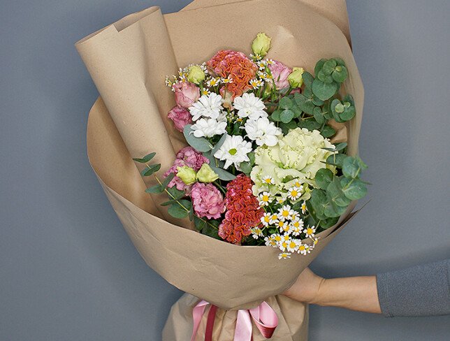 Bouquet of brassica, celosia and eustoma "Amazing Combination" photo
