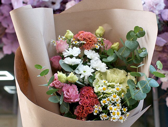 Bouquet of brassica, celosia and eustoma "Amazing Combination" photo