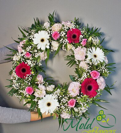 Funeral wreath with pink eustoma, gypsophila and gerberas (d=46) photo 394x433