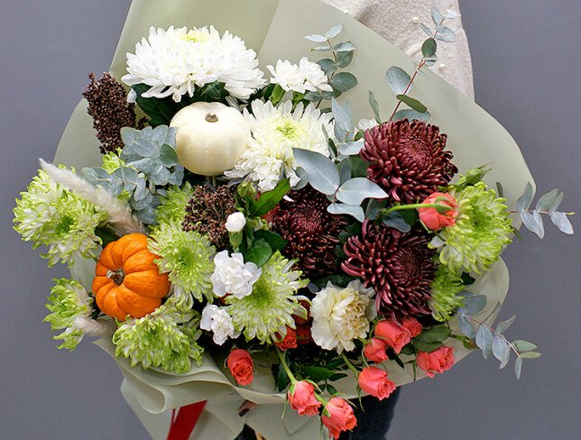 Buchet din trandafiri de tufa orange si crizanteme Bigoudi „Simfonia toamnei” — foto 2