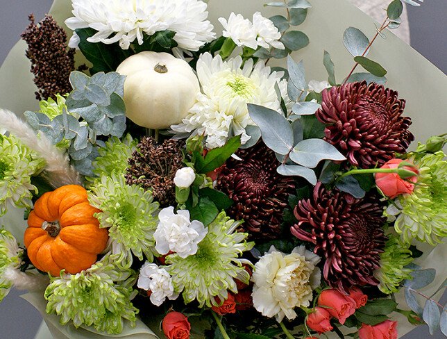 Buchet din trandafiri de tufa orange si crizanteme Bigoudi „Simfonia toamnei” — foto 3