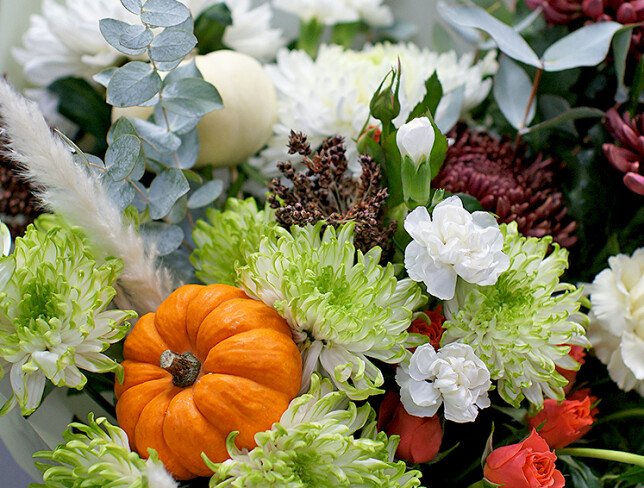 Buchet din trandafiri de tufa orange si crizanteme Bigoudi „Simfonia toamnei” — foto 4