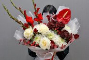 Bouquet of chrysanthemums, white roses and anthurium “Energy of Feelings” — photo 1