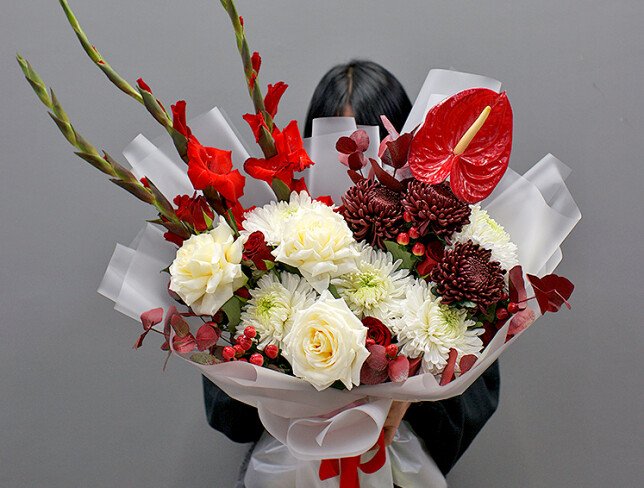 Bouquet of chrysanthemums, white roses and anthurium “Energy of Feelings” photo