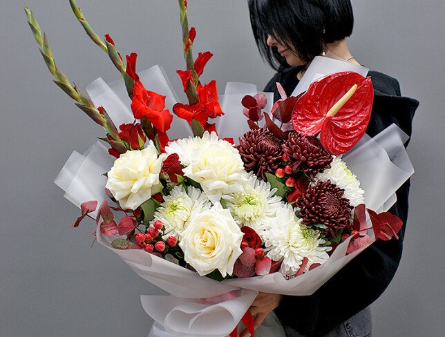 Bouquet of chrysanthemums, white roses and anthurium “Energy of Feelings” photo
