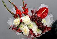 Bouquet of chrysanthemums, white roses and anthurium “Energy of Feelings” — photo 4