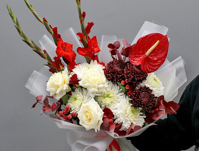 Bouquet of chrysanthemums, white roses and anthurium “Energy of Feelings” photo
