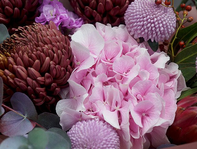 Bouquet of pink hydrangea, protea, and chrysanthemums photo