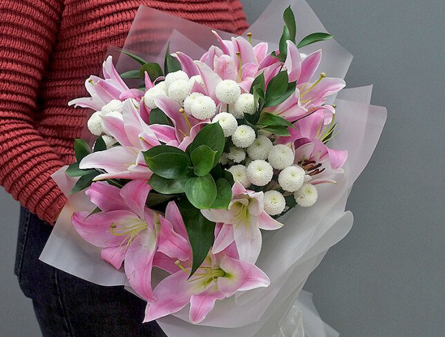 Bouquet of pink lilies and white chrysanthemums photo