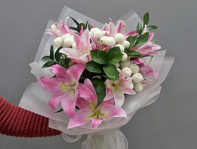 Bouquet of pink lilies and white chrysanthemums photo