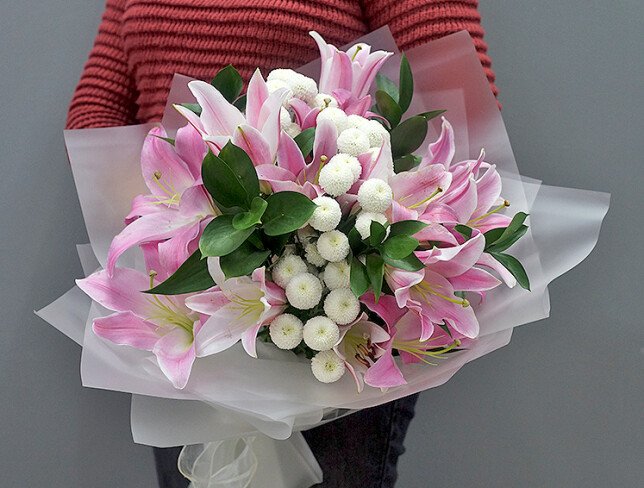 Bouquet of pink lilies and white chrysanthemums photo