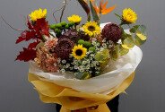 Buchet cu strelitzia, floarea soarelui si crizanteme Bigoudi " Rasarit tropical" — foto 2