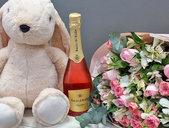 Set: Bouquet with pink roses and alstroemeria + Bacio di Bolle Fragolino 0.75 l + Medium rabbit h = 50 cm photo