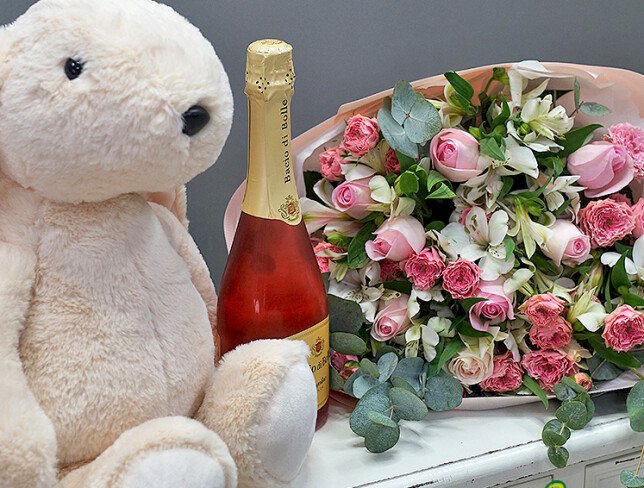 Set: Bouquet with pink roses and alstroemeria + Bacio di Bolle Fragolino 0.75 l + Medium rabbit h = 50 cm photo