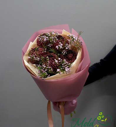 Buchet din 5 crizanteme sferice maro si waxflower foto 394x433