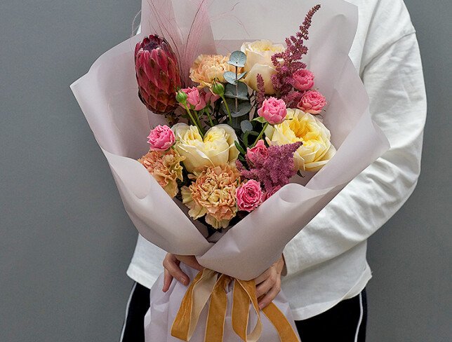 Bouquet with protea, roses, and dianthus "Velvet Story" photo