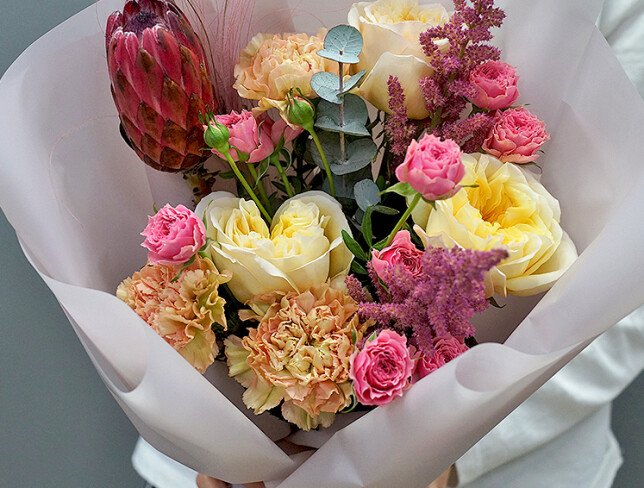 Bouquet with protea, roses, and dianthus "Velvet Story" photo