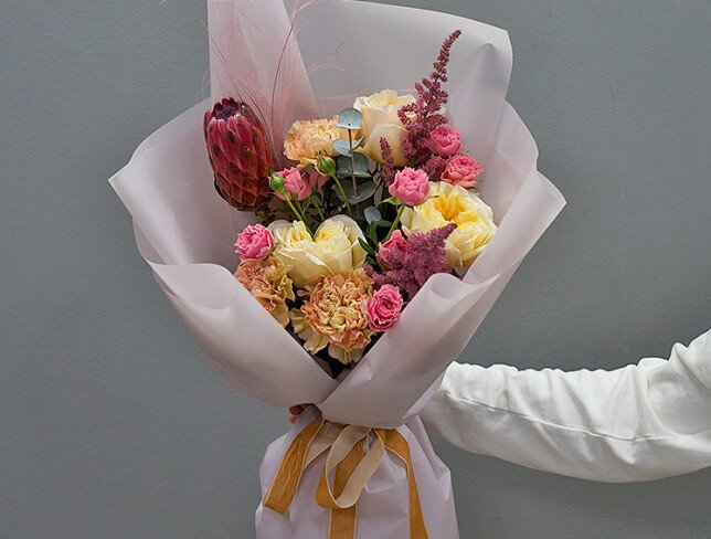Bouquet with protea, roses, and dianthus "Velvet Story" photo