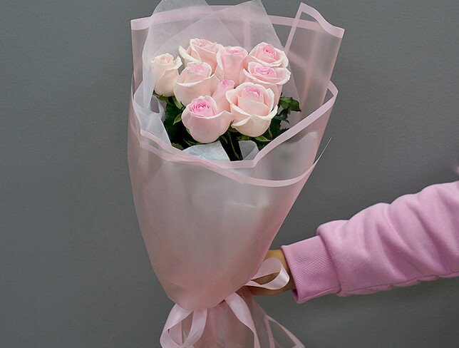 Buchet din 9 trandafiri roz pal 60-70 cm — foto 2