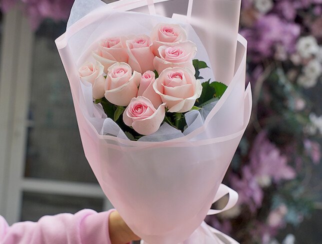 Buchet din 9 trandafiri roz pal 60-70 cm — foto 4