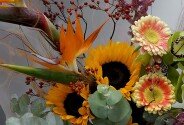 Buchet din strelitzia, orhidee verde, floarea-soarelui si gerbere — foto 3