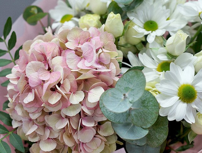 Buchet din hortensie roz, crizanteme albe si trandafiri albi de tufa foto