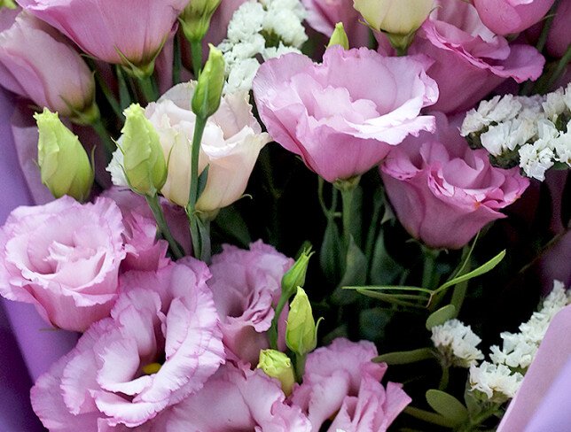 Bouquet with pink eustomas and white statice photo