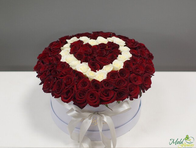 Composition of 101 white and red roses arranged in a heart shape in a box from moldflowers.md