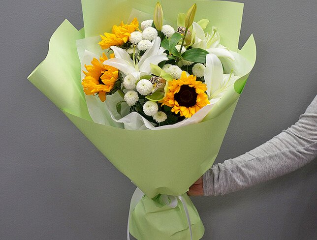Bouquet with sunflowers, white lilies and chrysanthemums photo