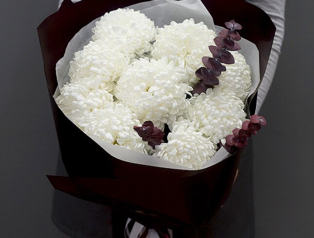 Bouquet of 9 white spherical chrysanthemums and eucalyptus photo