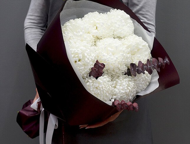 Bouquet of 9 white spherical chrysanthemums and eucalyptus photo
