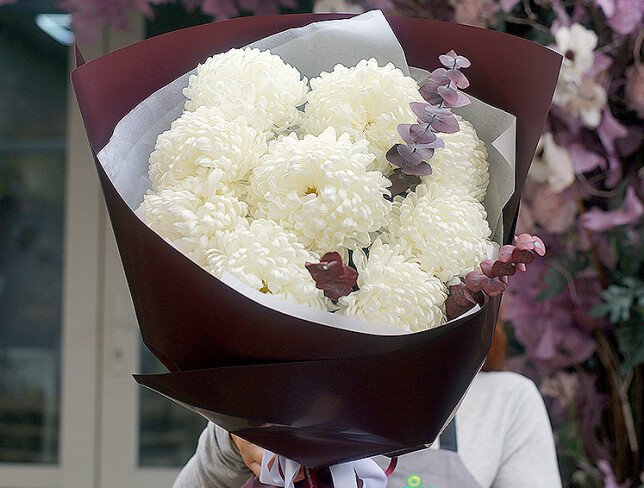 Bouquet of 9 white spherical chrysanthemums and eucalyptus photo