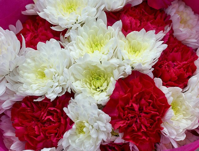 Bouquet of white chrysanthemums and fuchsia carnations photo