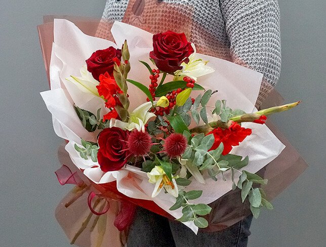 Bouquet of red roses, gladioli, and white lilies photo